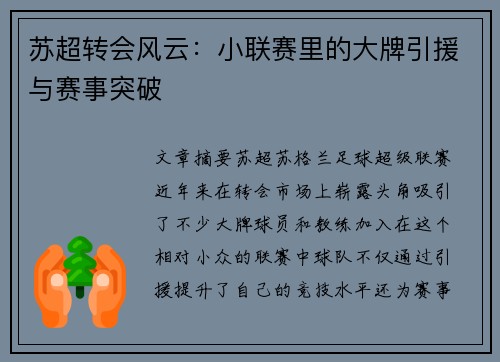 苏超转会风云：小联赛里的大牌引援与赛事突破