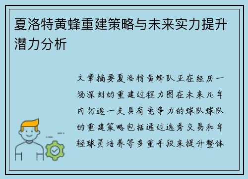 夏洛特黄蜂重建策略与未来实力提升潜力分析